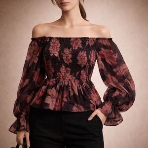 Thirty Thirty Floral Smocked Off Shoulder Puff Sleeve Top XS Boho Romantic